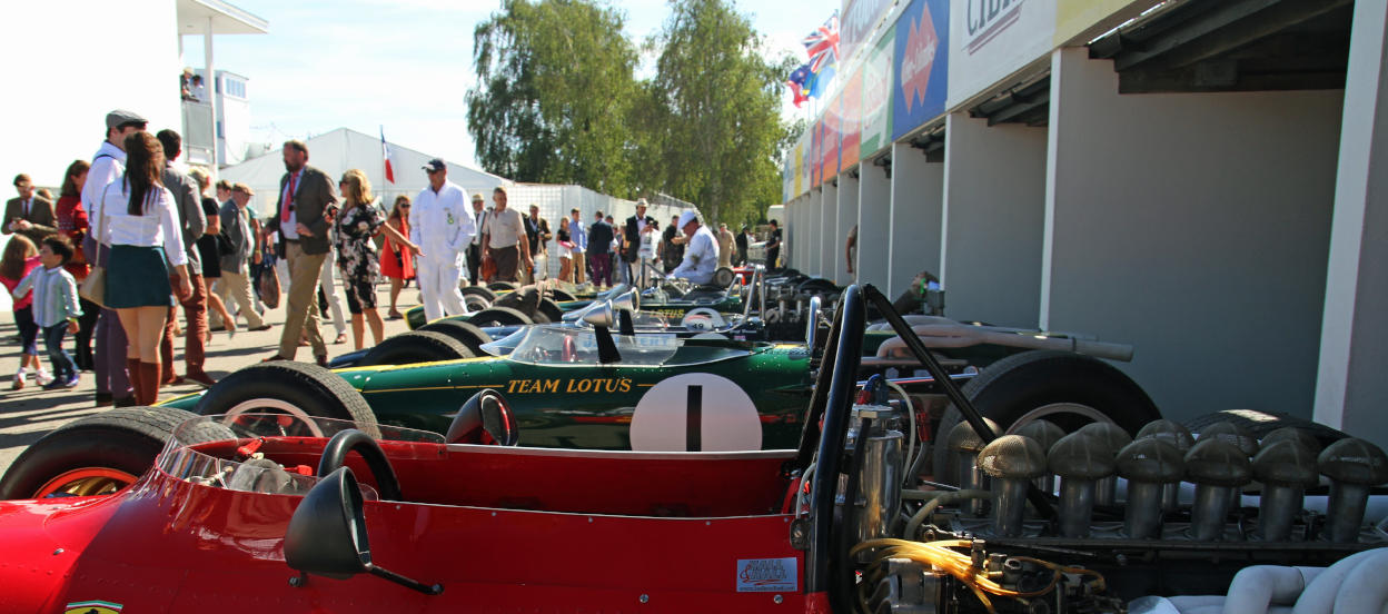 classic racecars lines up at the Goodwood festival of speed