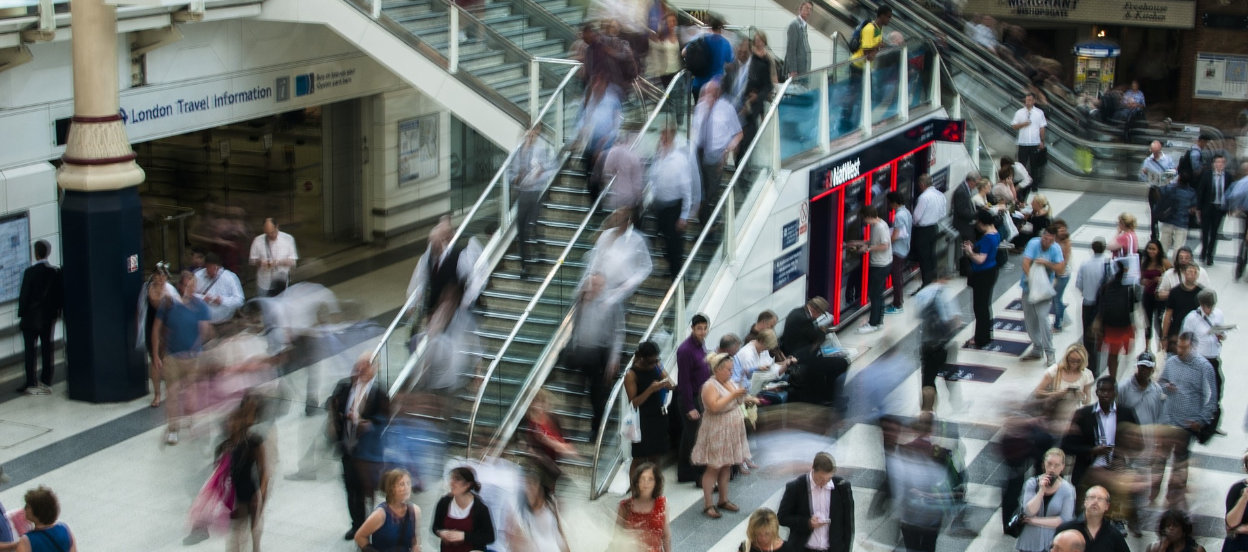 A busy Liverpool Street Station in London at rush hour