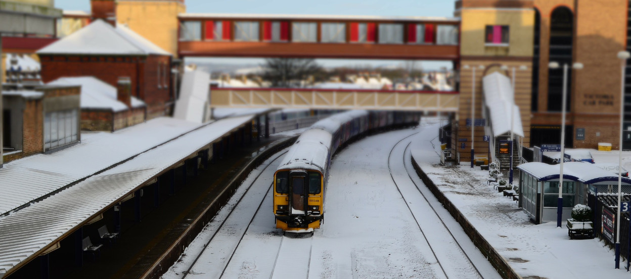 A train in the snow at Harrogate train station, near York