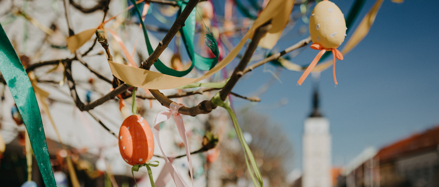 Easter eggs hanging from a tree