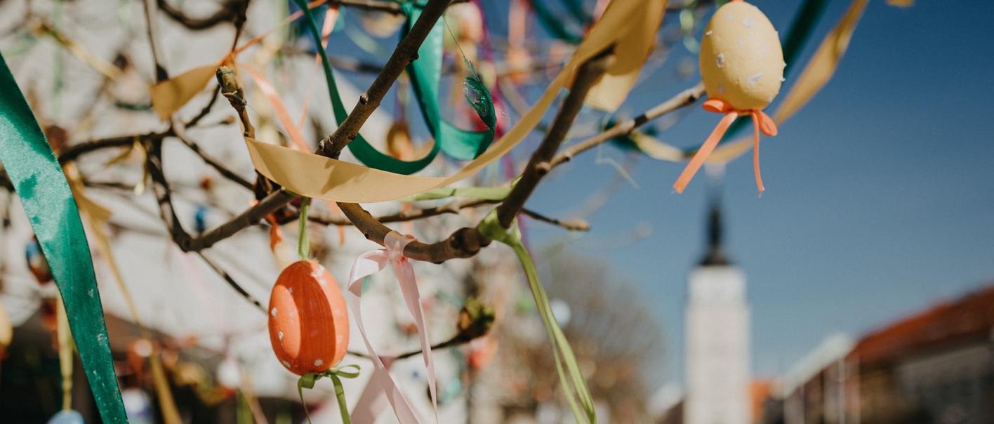 Easter Egg Tree with a city backdrop 