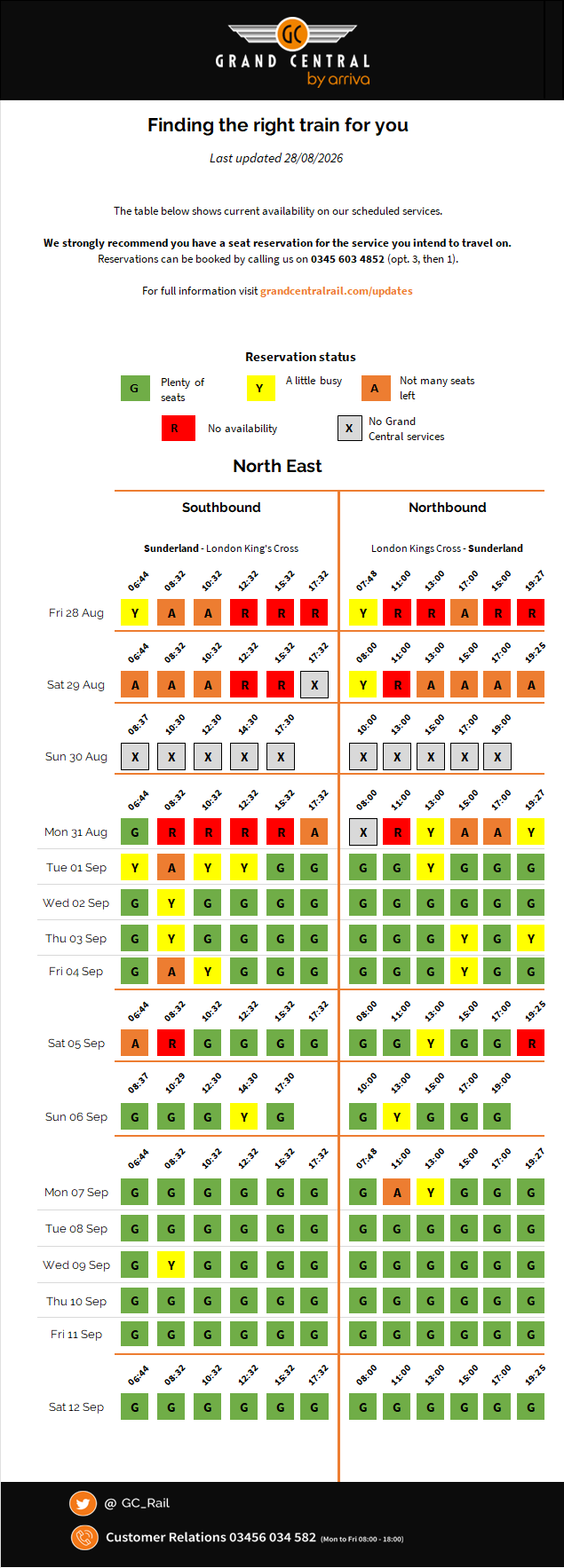 North East seat availability