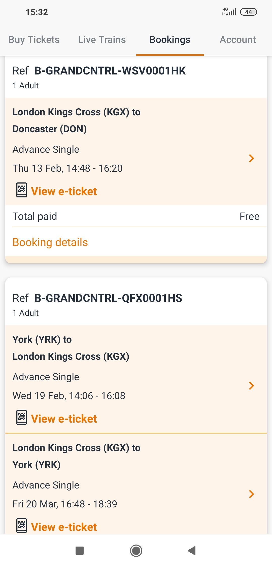 E-tickets in the Grand Central app