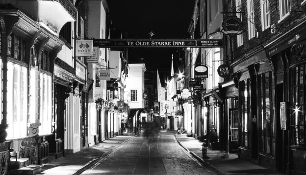 Black and white photo of an old street in York