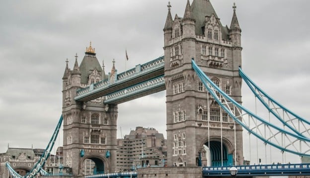Tower Bridge in London with grey sky