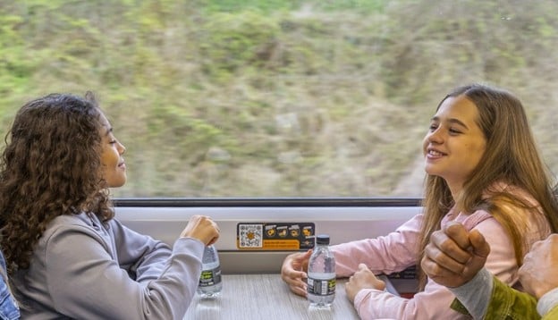 family sat on a train laughing